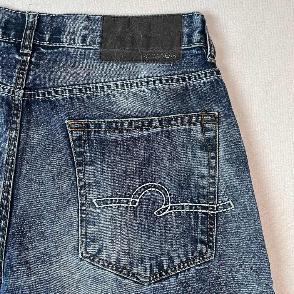 Rocawear Jeans‎ Mens 36x31 Blue Distressed Acid Wash Loose Y2K Classic Fit Denim